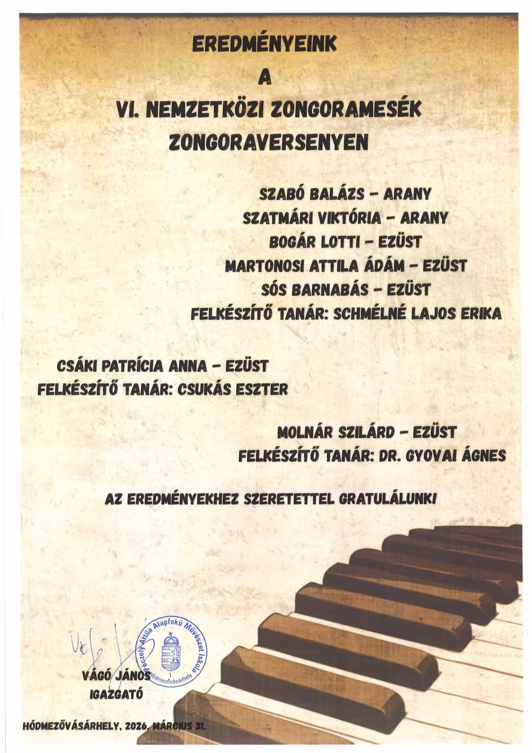 VI. Nemzetközi Zongoramesék Zongoraverseny eredményei